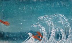 Eine stilisierte Darstellung von Wellen im Meer, aus denen zwei Hände herausragen. Eine Hand ist nach oben gestreckt, während die andere in der Welle versinkt. Der Hintergrund zeigt einen blauen Himmel und das Wasser.